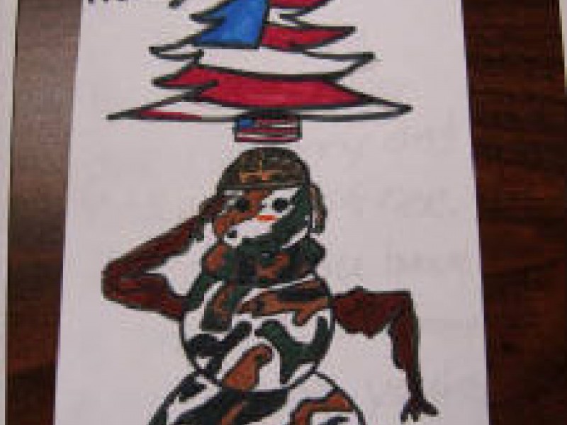 a Christmas card for soldiers with camo snowman